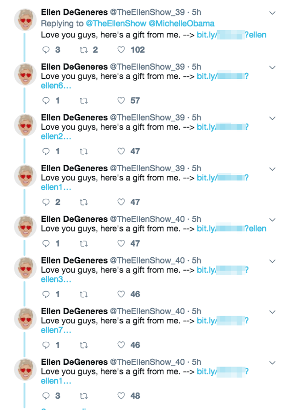 Multiple replies from impersonation accounts of Ellen DeGeneres