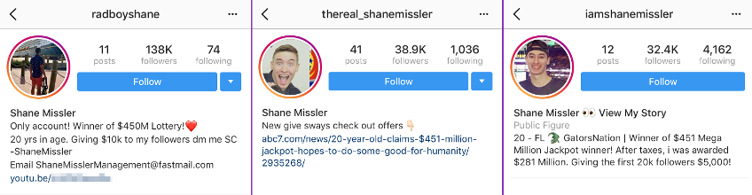 The top three Shane Missler impersonation accounts on Instagram